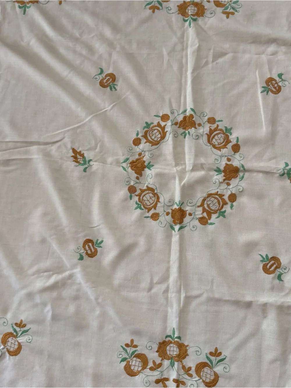 Vintage Floral Yellow gold & Green cotton tablecloth embroidered crewel large